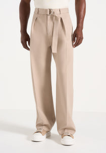 Loic - Wide Leg Tailored Trousers With Belt - Beige