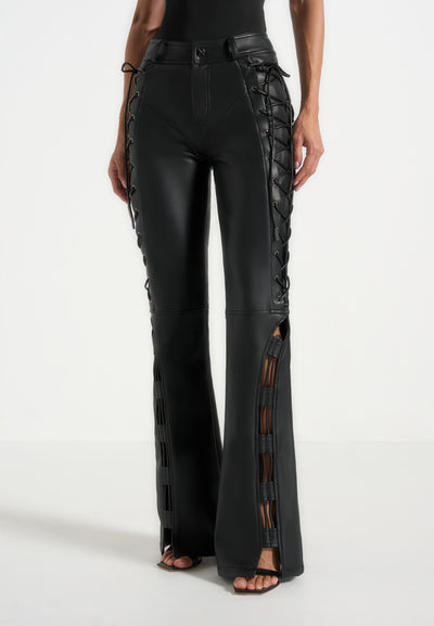 Ambre - Leather Lace Up Flared Trousers - Black