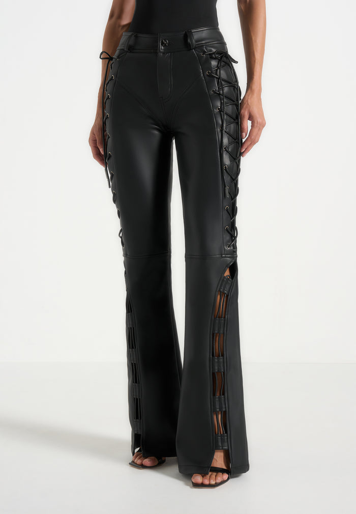 Ambre - Leather Lace Up Flared Trousers - Black