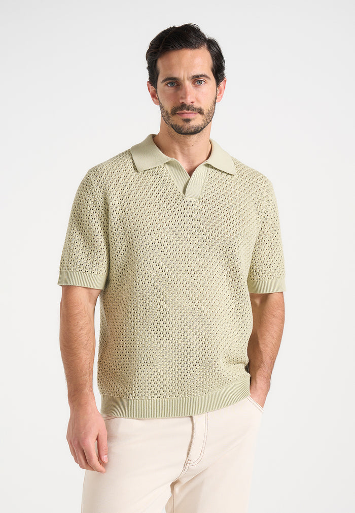Conrad - Open Knit Polo Shirt - Sage