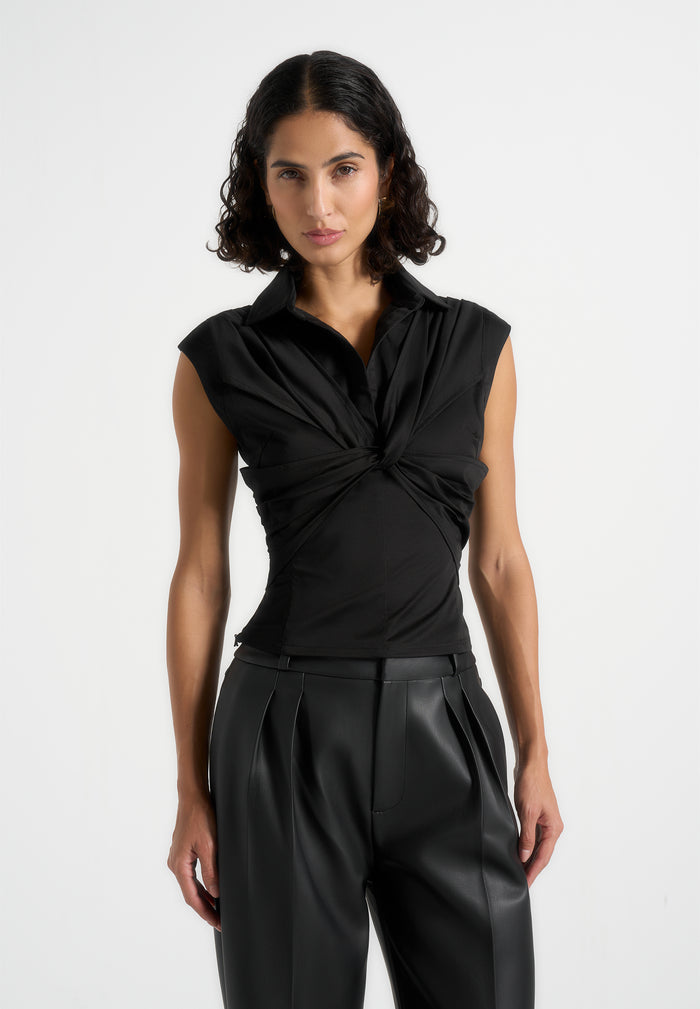 Yvette - Twist Front Sleeveless Shirt - Black