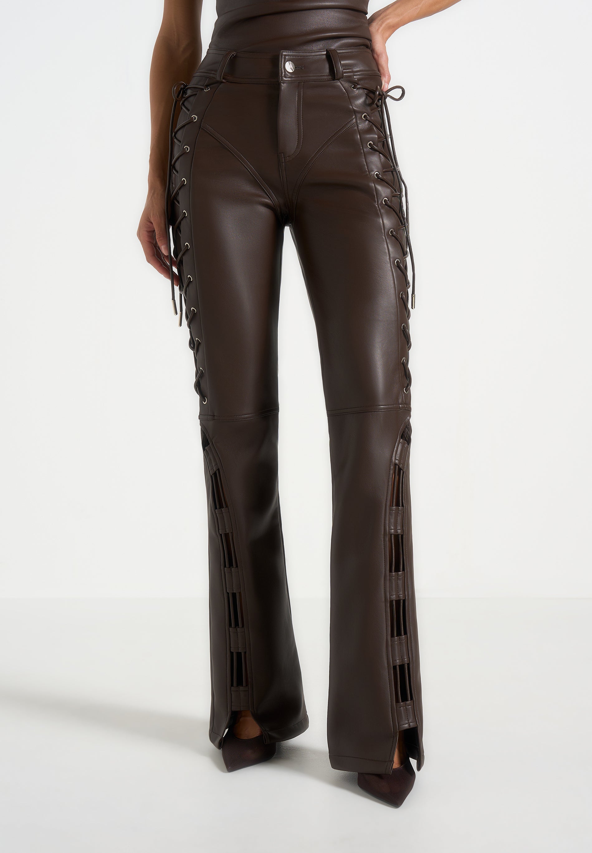 Ambre - Leather Lace Up Flared Trousers - Brown 