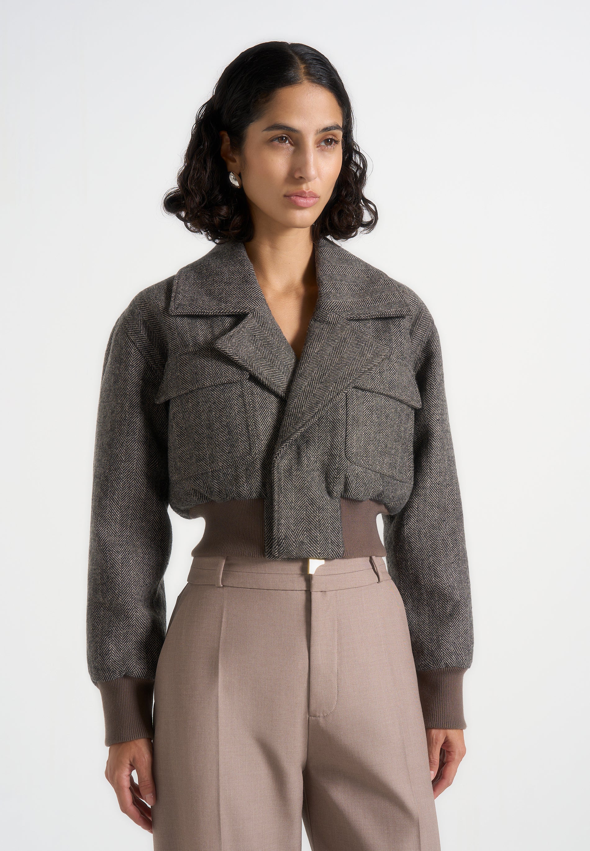 Cosette - Herringbone Wool Lapel Bomber Jacket - Grey 