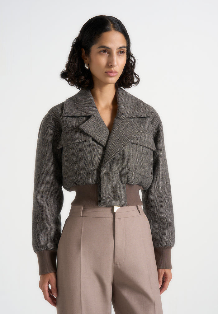 Cosette - Herringbone Wool Lapel Bomber Jacket - Grey