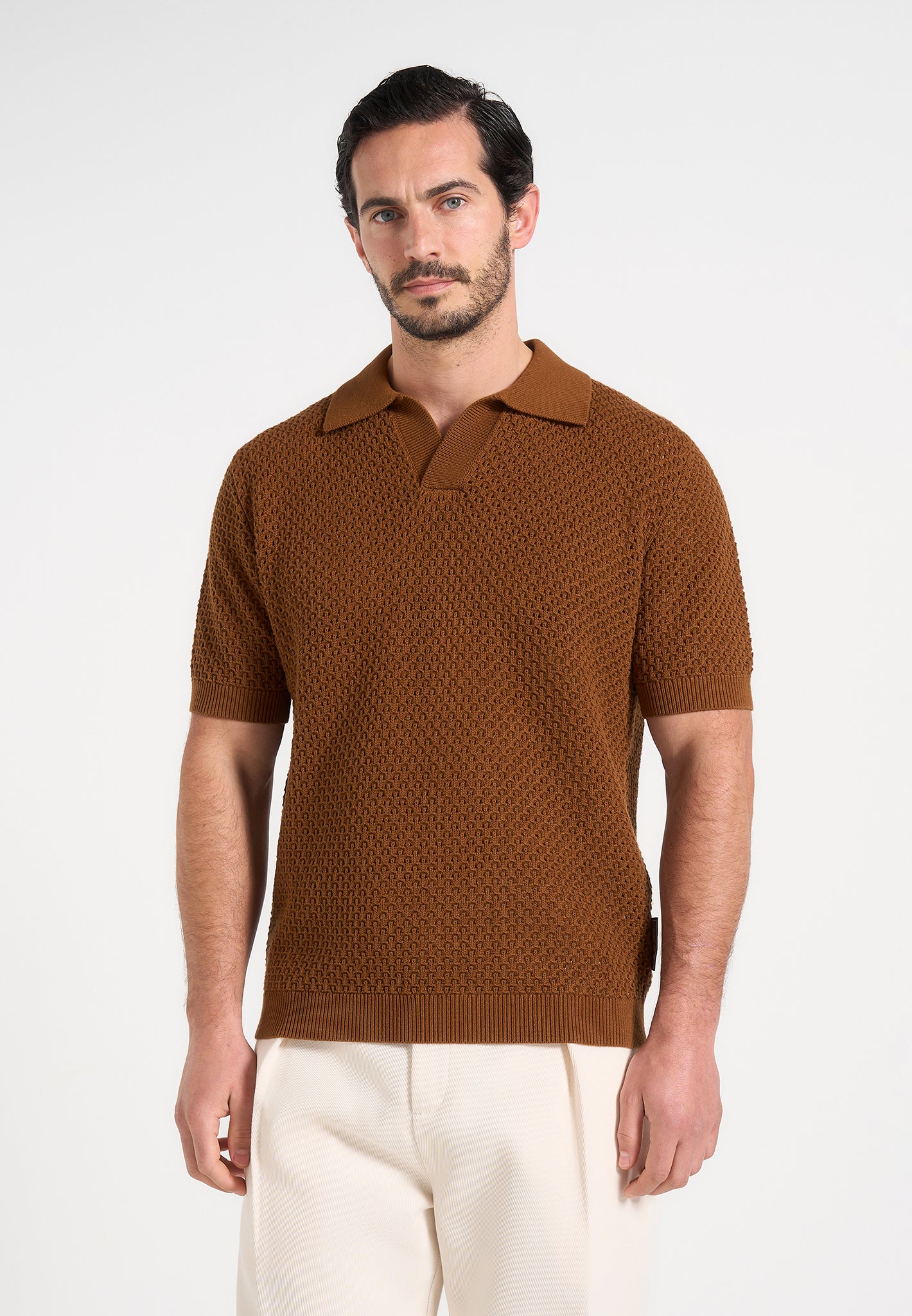 Conrad - Open Knit Polo Shirt - Fawn