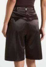 Lorette - Satin Double Pleat Shorts - Brown