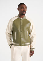 Guy - Contrast Leather Bomber Jacket - Olive/Cream