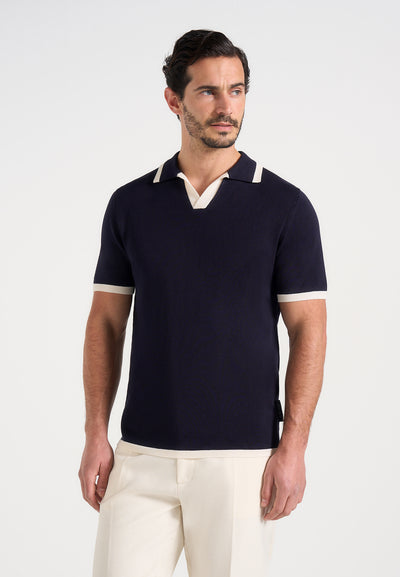 Lambert - Contrast Detail Knit Polo Shirt - Navy