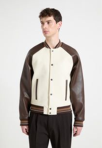 Guy - Contrast Leather Bomber Jacket - Cream/Brown