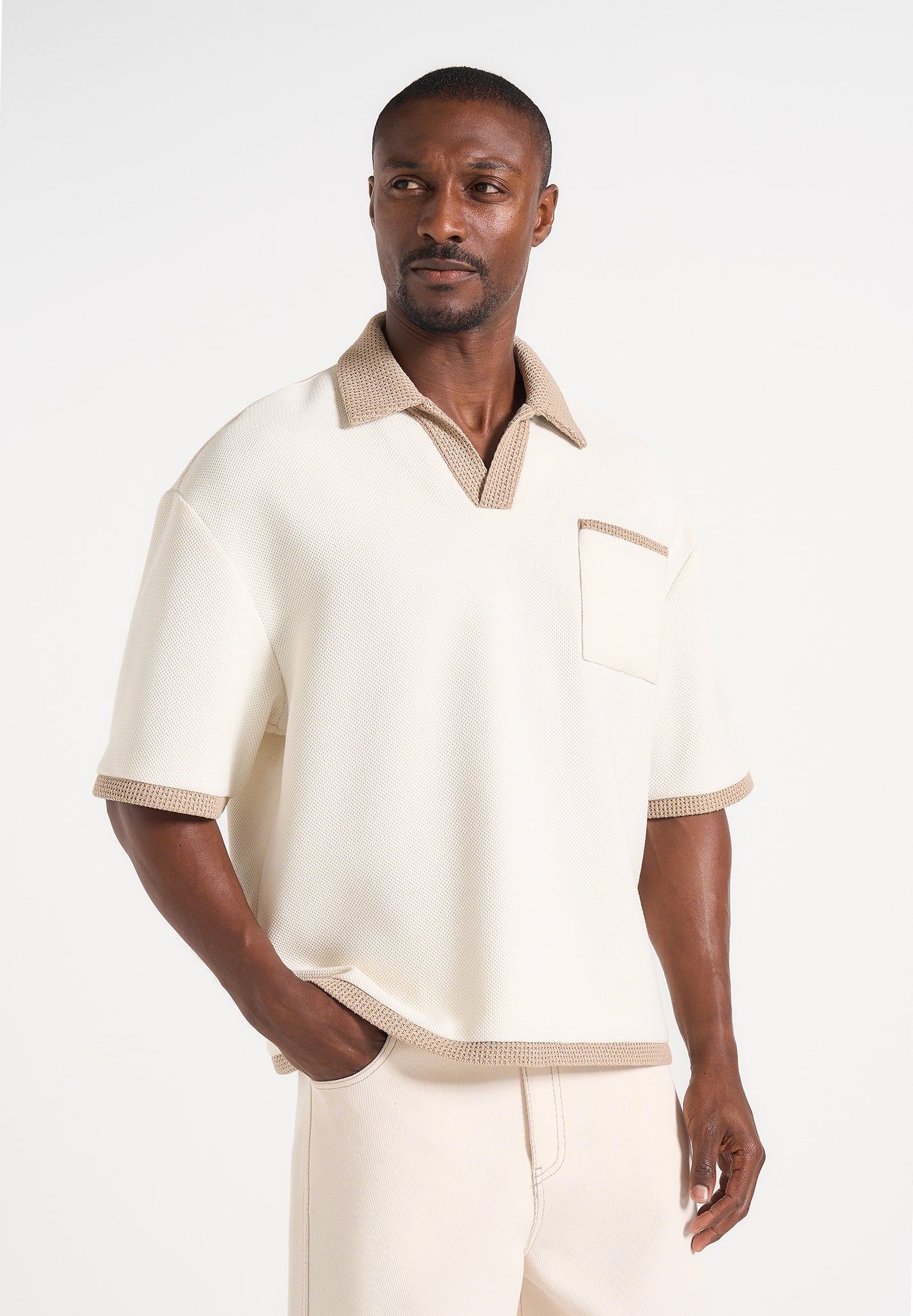 Brice - Boxy Crochet Detail Polo Shirt - Cream 