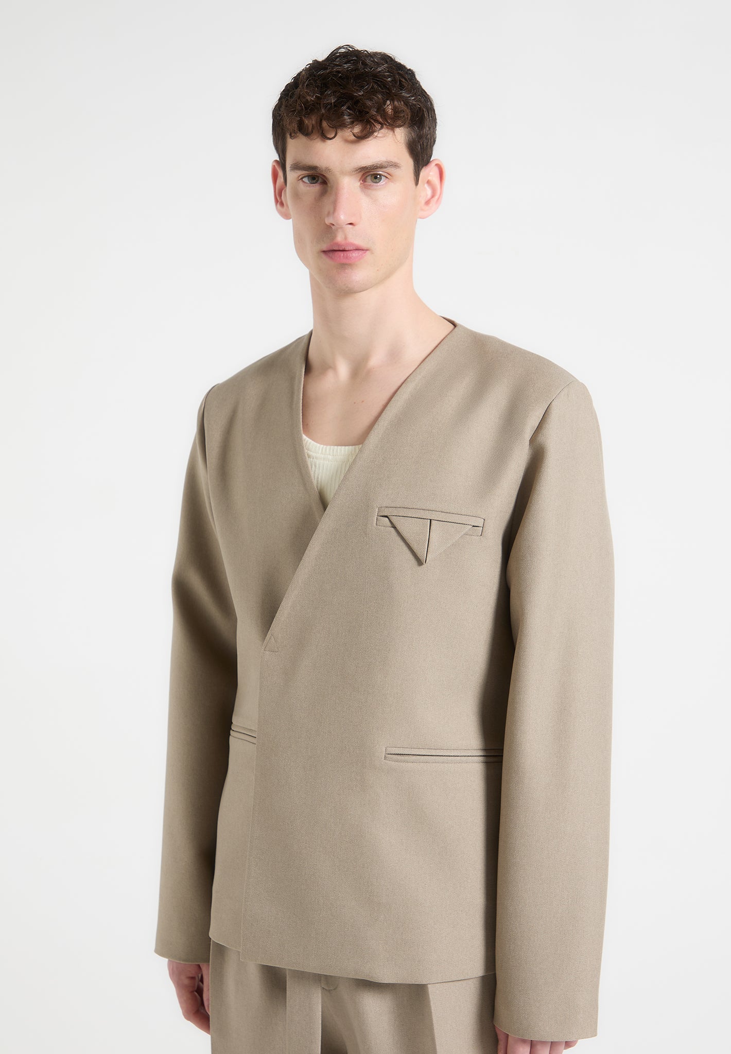 Colin Collarless Double Breasted Minimal Blazer Beige