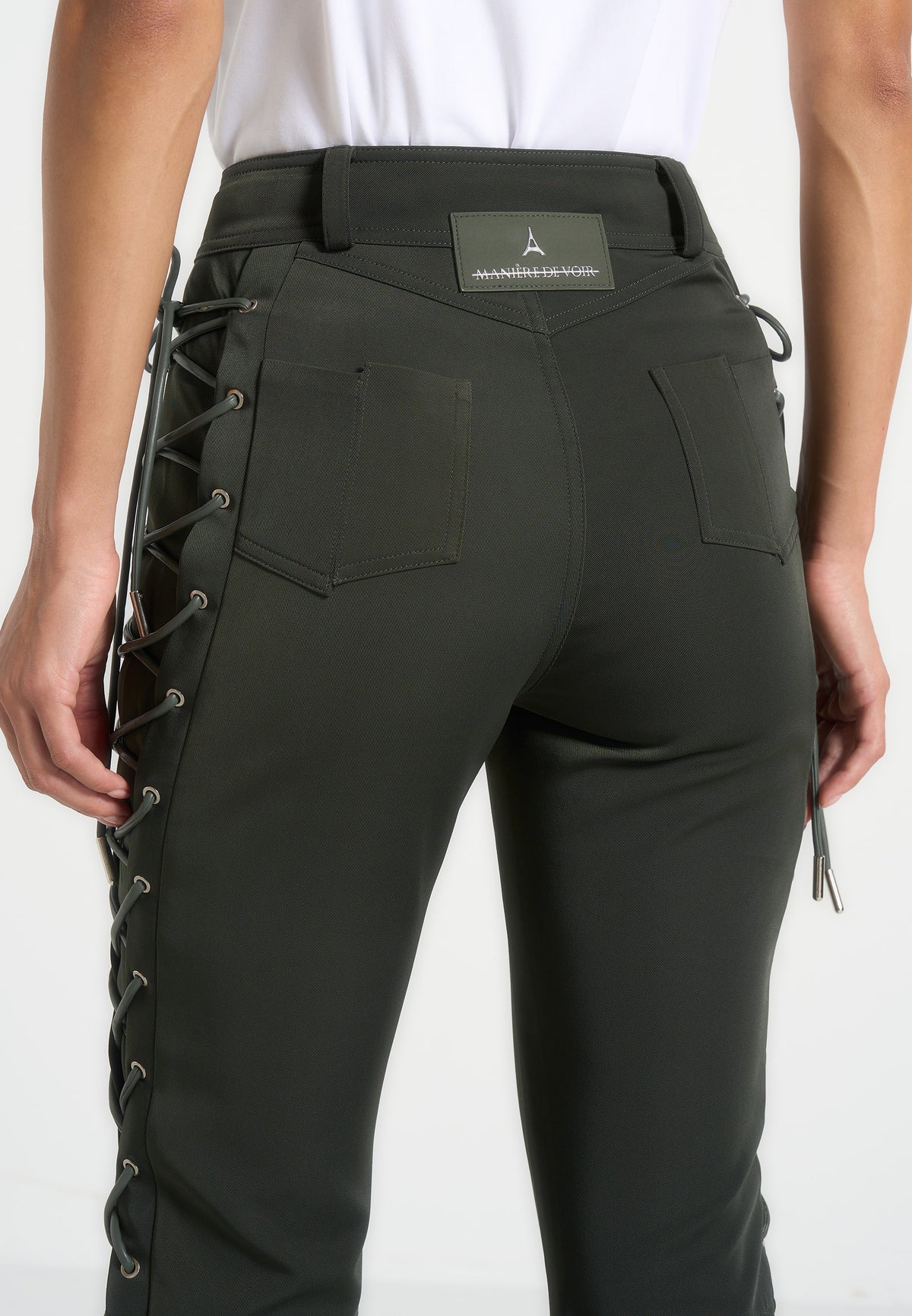 Ambre - Drill Lace Up Flared Trousers - Olive