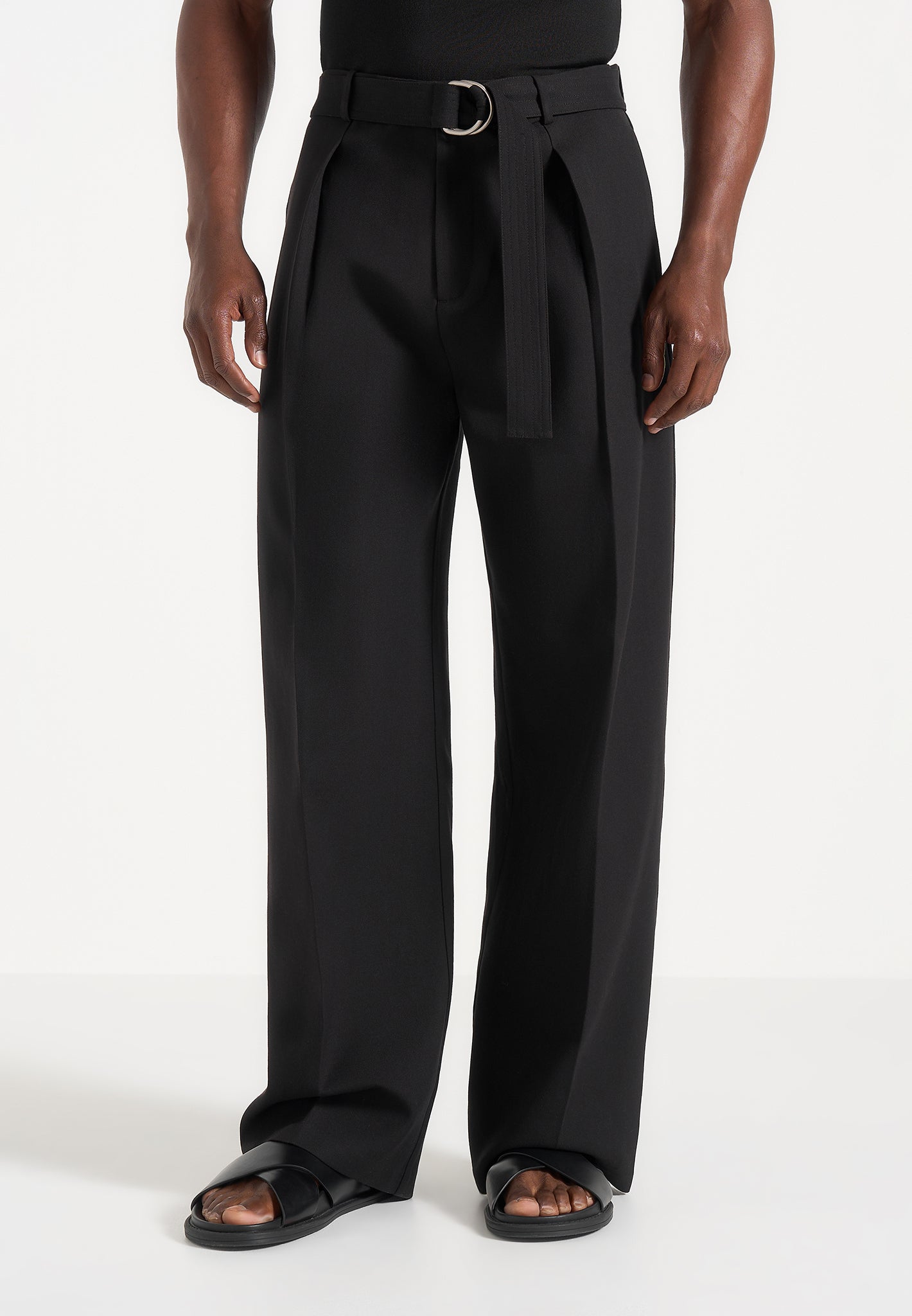 Loic - Wide Leg Tailored Trousers With Belt - Black 