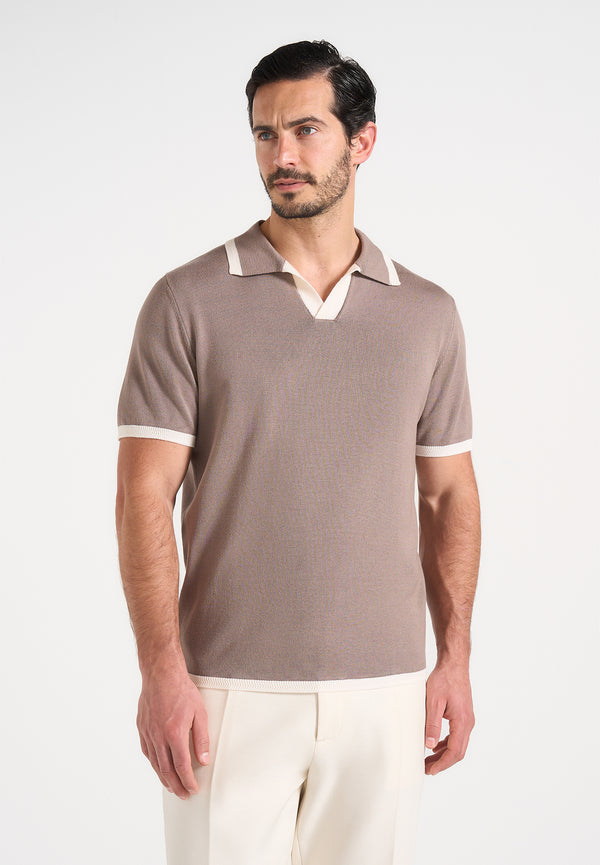 Lambert - Contrast Detail Knit Polo Shirt - Mushroom