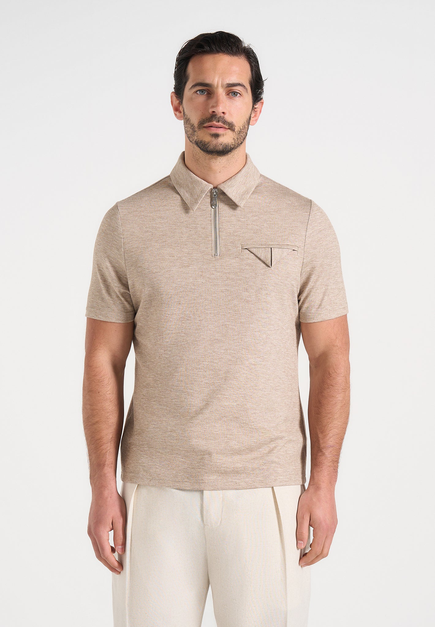 Cassian - Marl Zip Polo Shirt - Beige Marl 