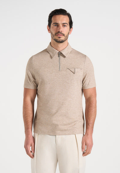 Cassian - Marl Zip Polo Shirt - Beige Marl