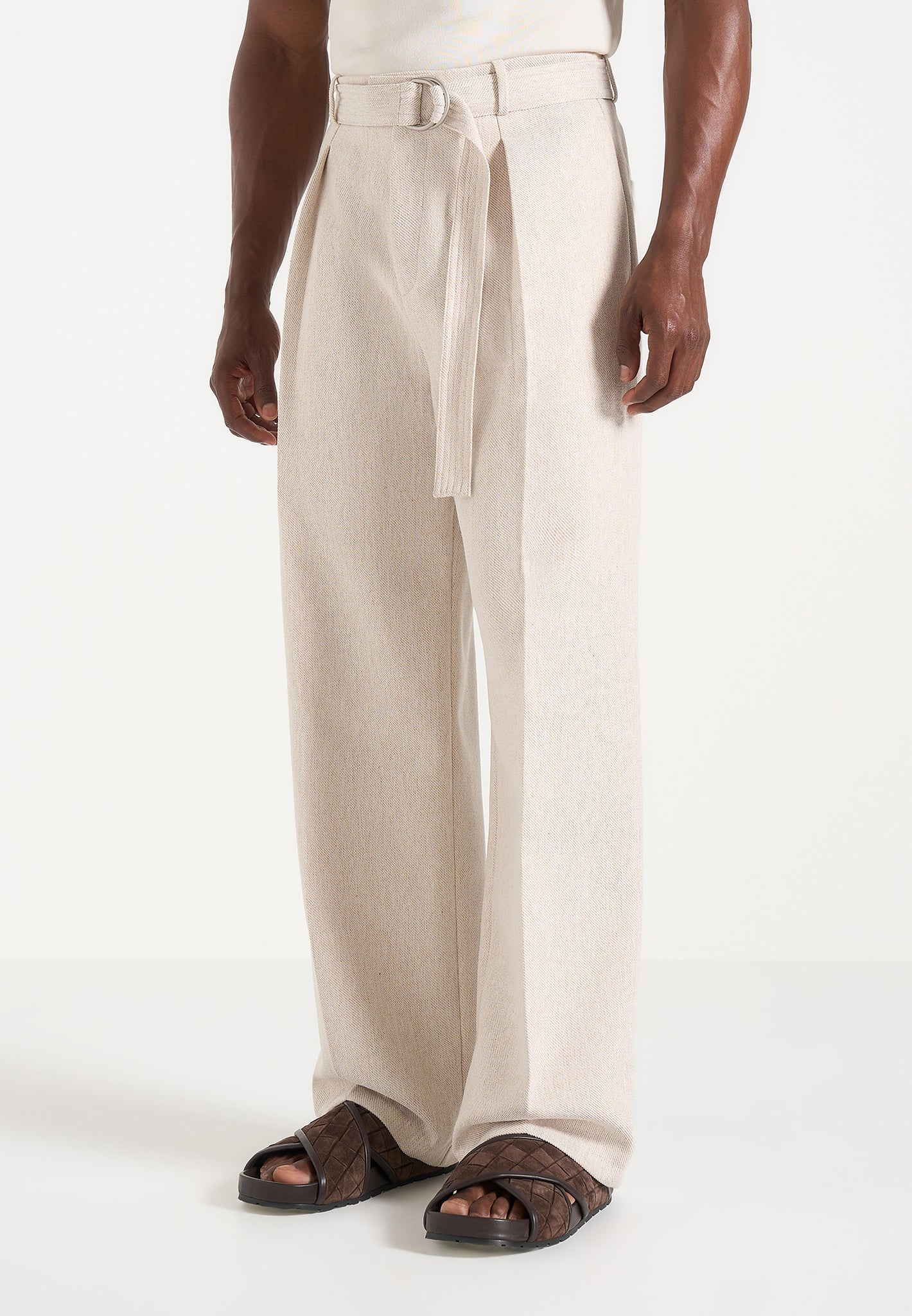 Loic -  Wide Leg Textured Trousers with Belt - Cream 