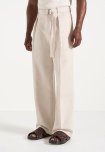 Loic -  Wide Leg Textured Trousers with Belt - Cream