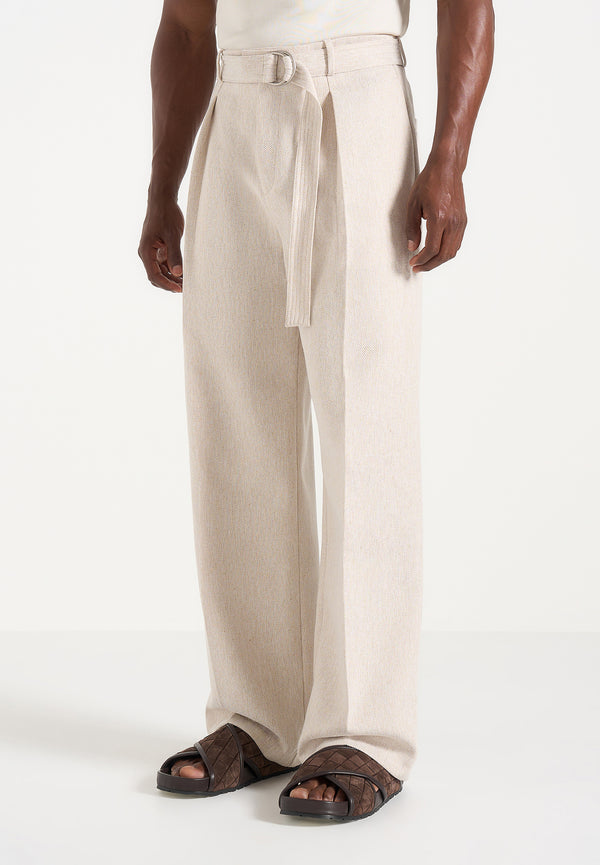 Loic -  Wide Leg Textured Trousers with Belt - Cream