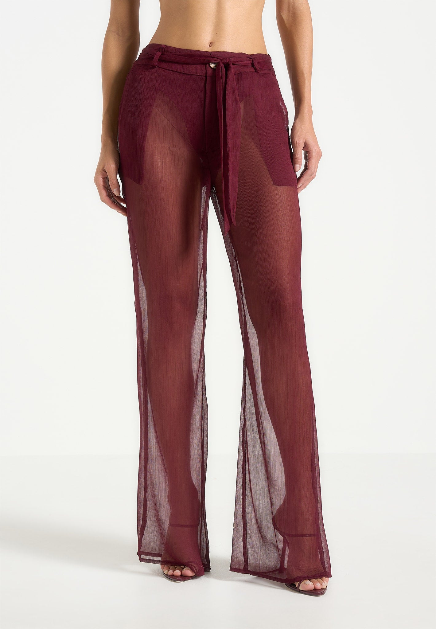 Sheer Belted Trousers - Wine Red