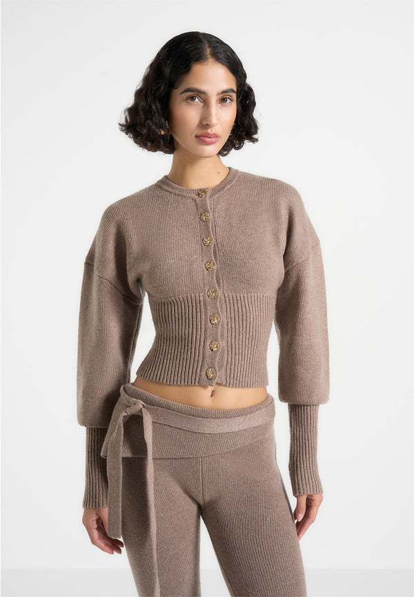 Knitted Cinch Waist Cardigan - Taupe