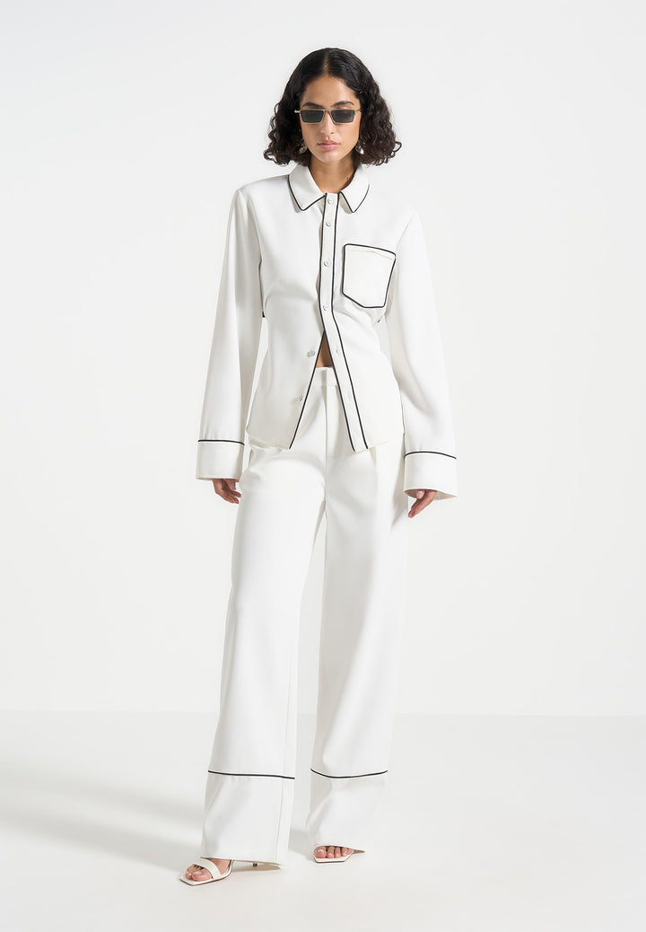 Contrast Piped Pleated Trousers - White/Black