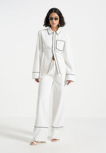 Mina - Contrast Piped Pleated Trousers - White/Black