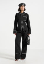 Contrast Piped Pleated Trousers - Black/White