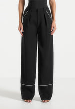 Contrast Piped Pleated Trousers - Black/White