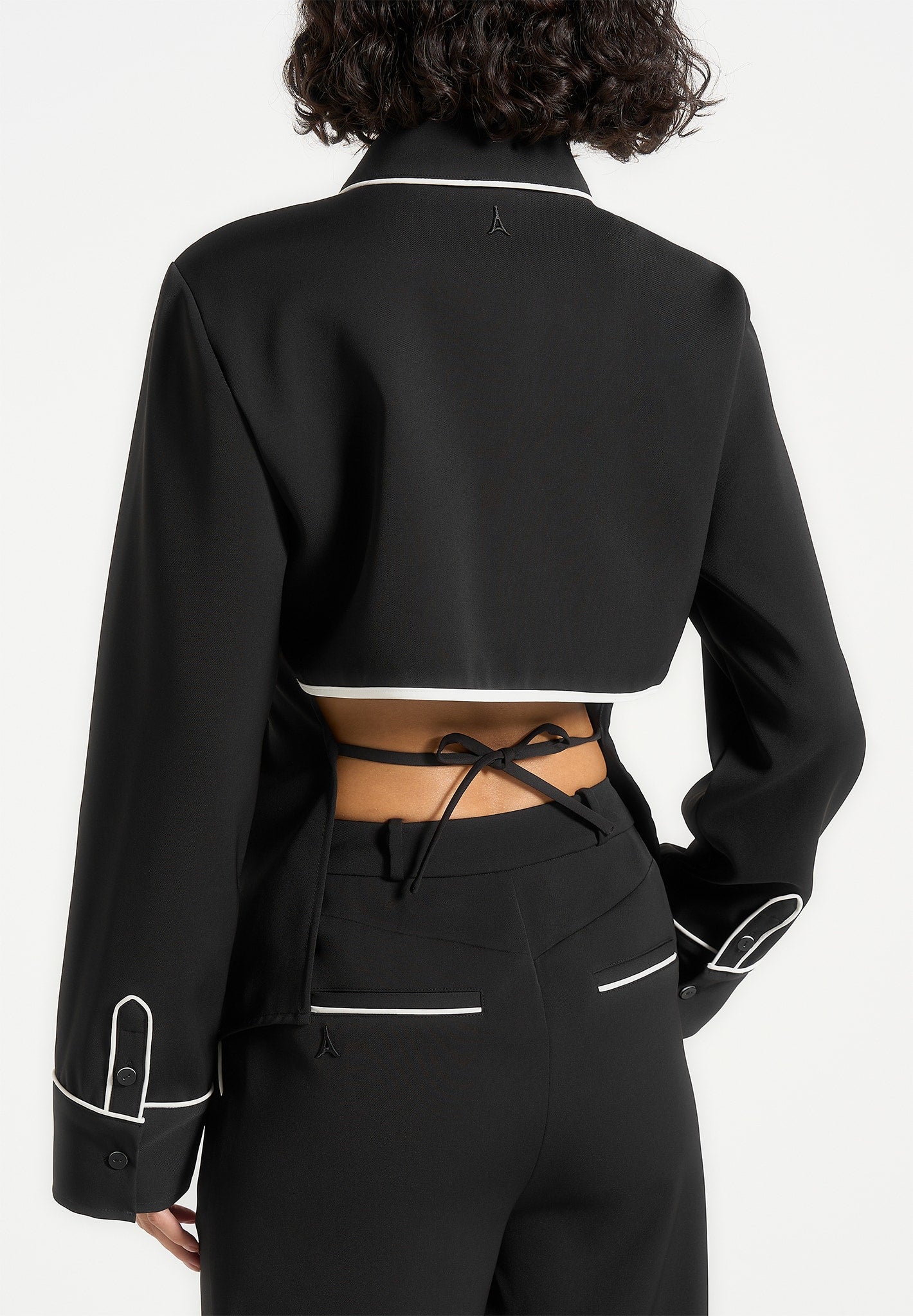 Contrast Piped Backless Tie Shirt - Black/White