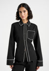Contrast Piped Backless Tie Shirt - Black/White
