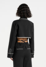 Contrast Piped Backless Tie Shirt - Black/White