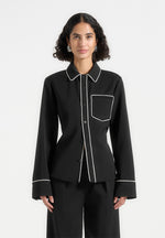 Contrast Piped Backless Tie Shirt - Black/White