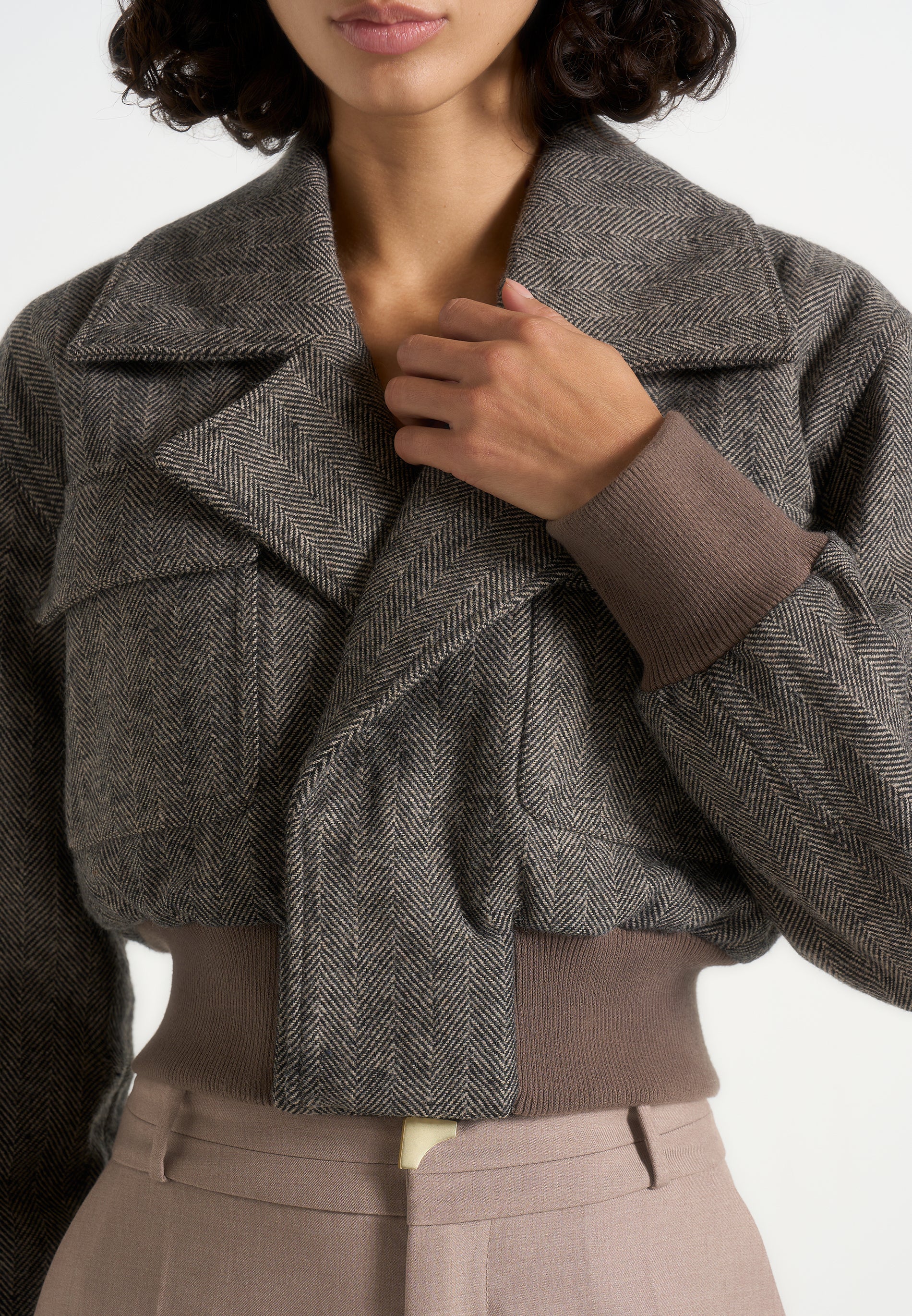 Cosette - Herringbone Wool Lapel Bomber Jacket - Grey