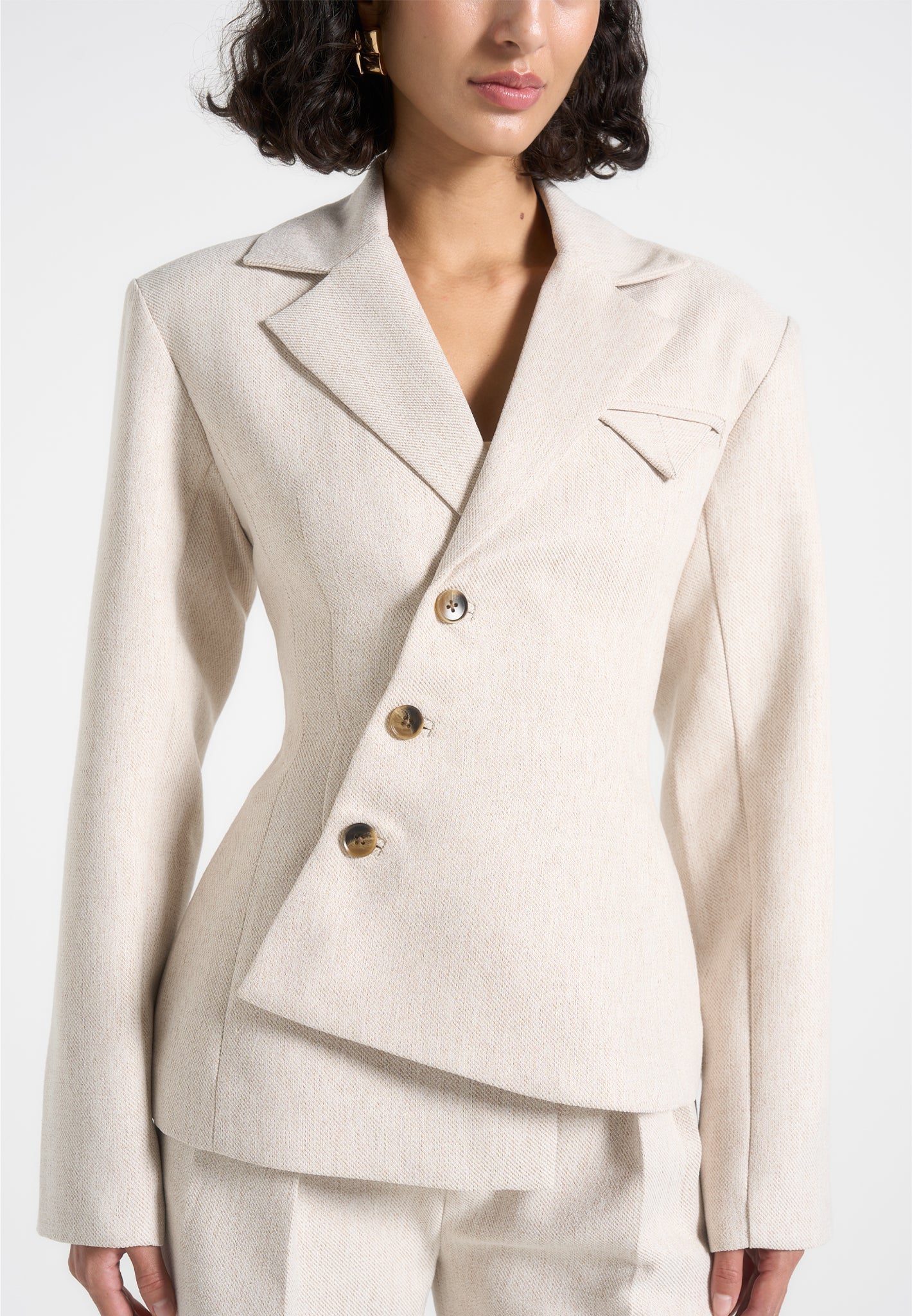 Thalia - Tailored Asymmetric Double Breasted Blazer - Light Beige
