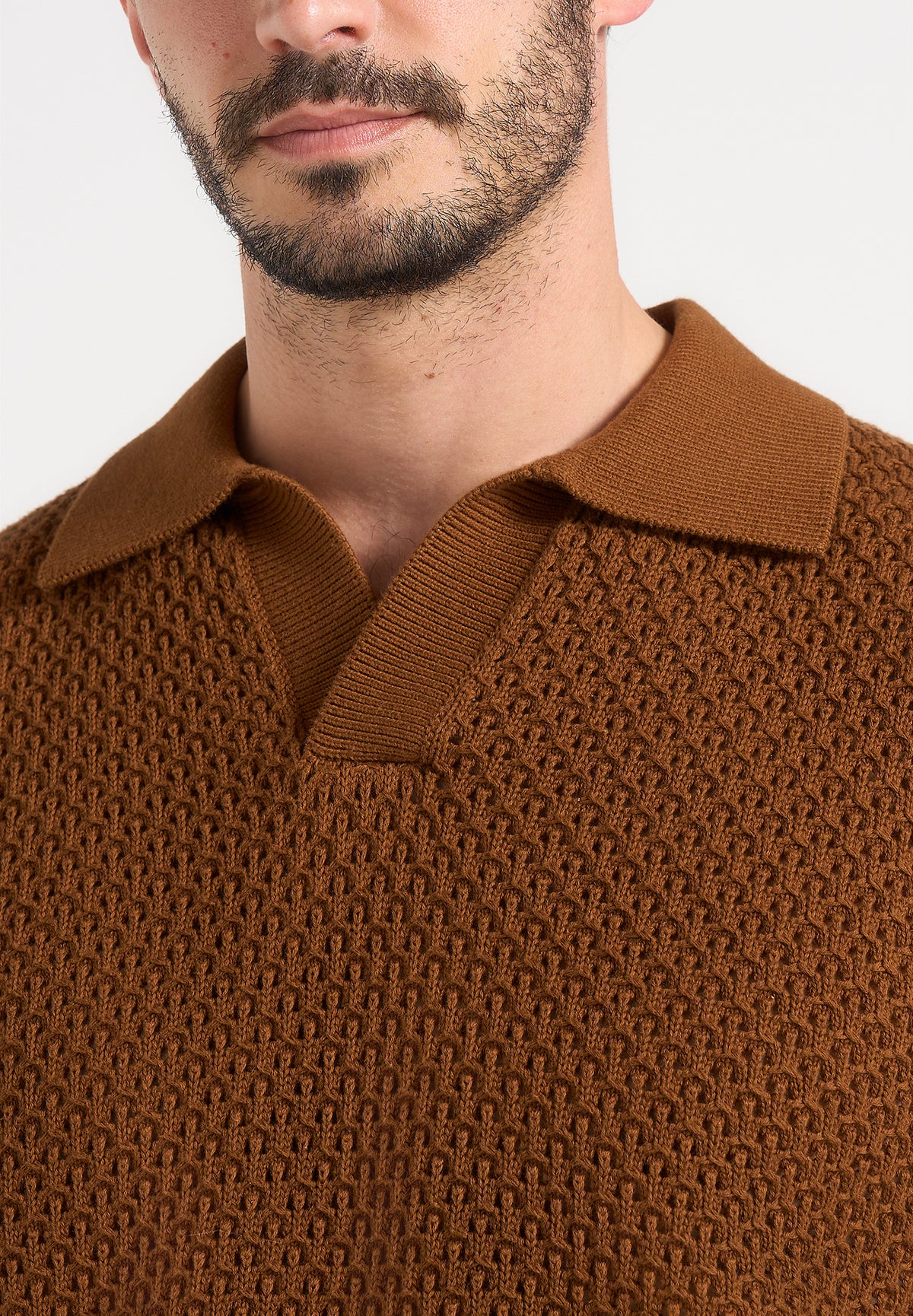 Conrad - Open Knit Polo Shirt - Fawn