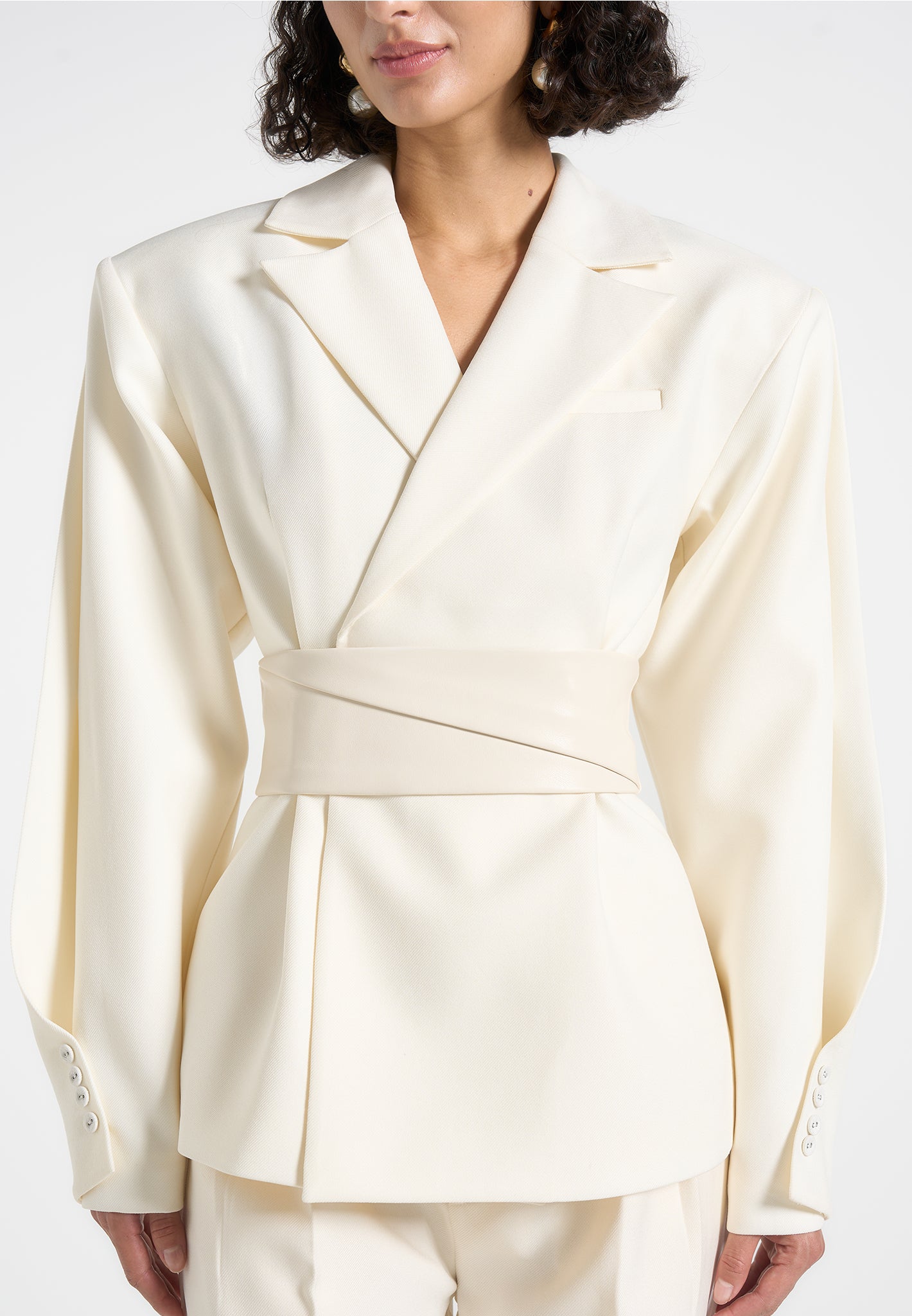 Marie - Twist Sleeve Tailored Blazer with Belt - Cream