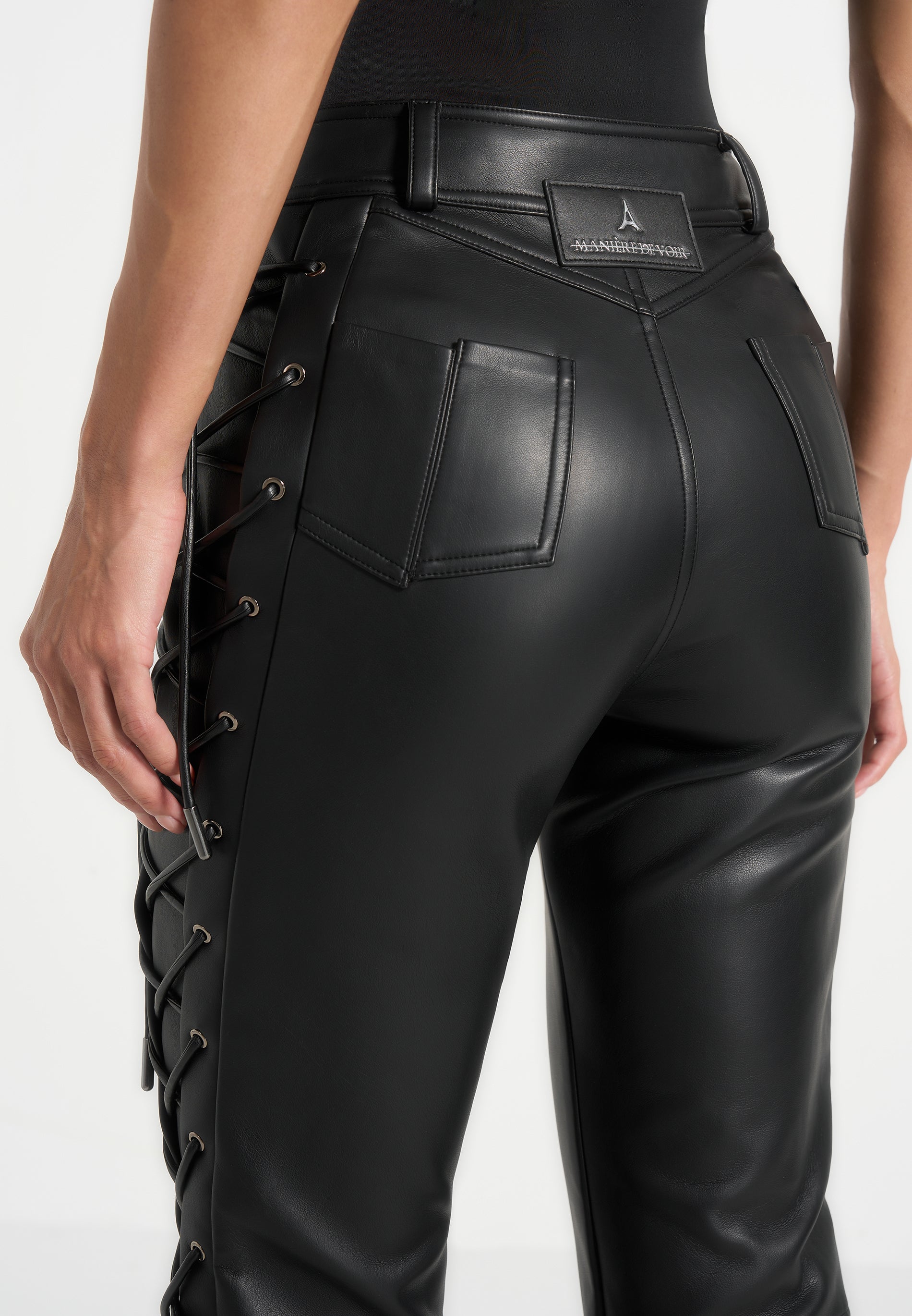 Ambre - Leather Lace Up Flared Trousers - Black