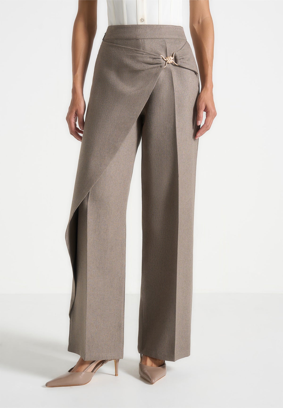 Beryl - Wrap Tailored Trousers With Hardware Detail - Taupe