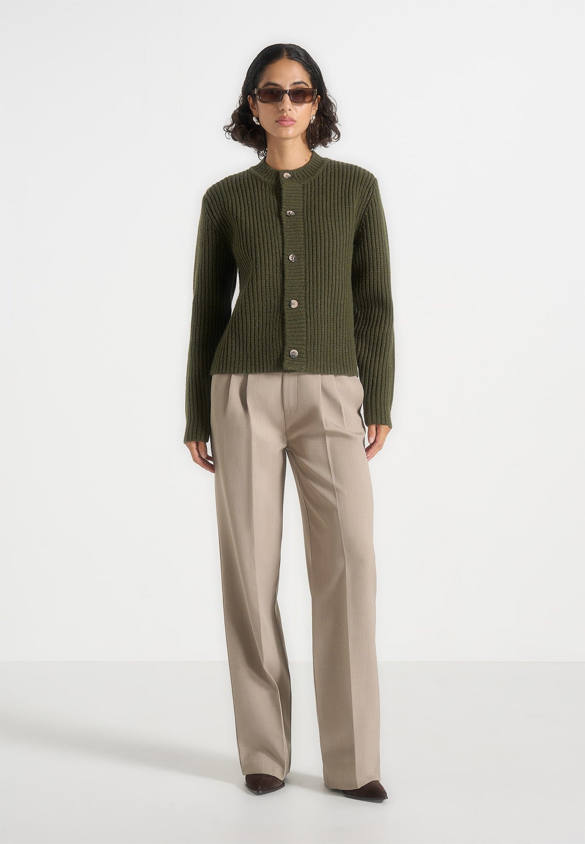 Alix - Unisex Crewneck Ribbed Knit Cardigan - Olive