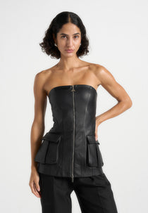 Leather Longline Bandeau Top - Black