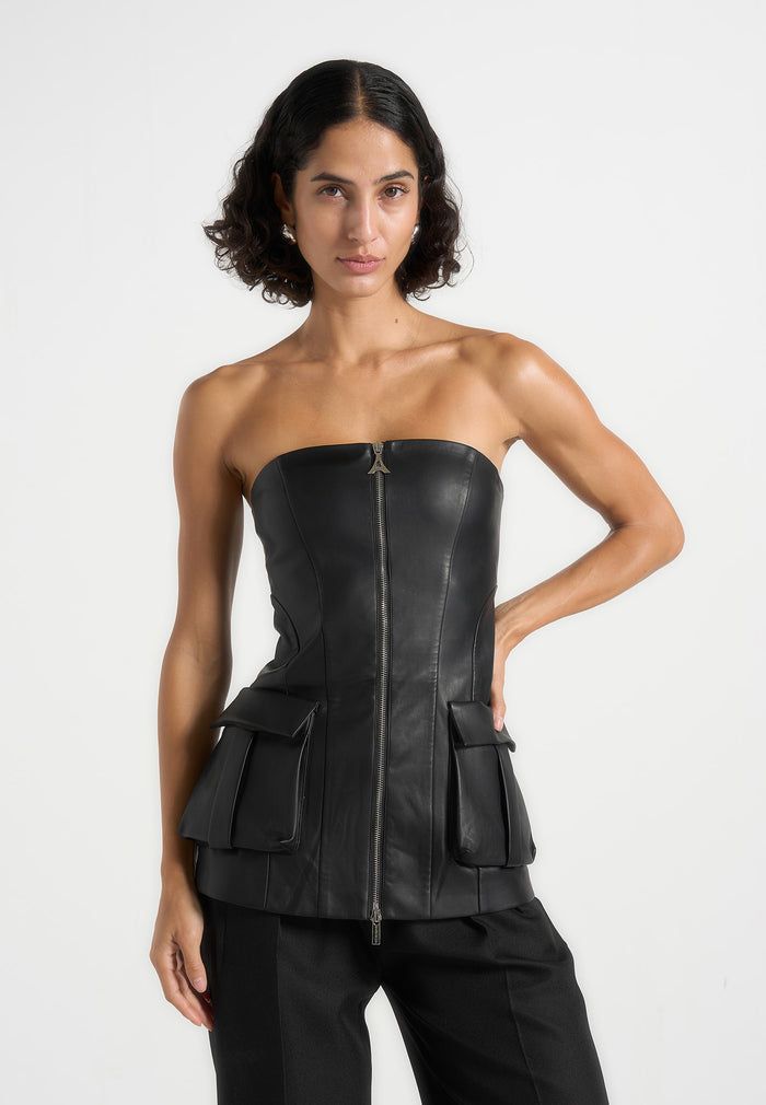 Leather Longline Bandeau Top - Black