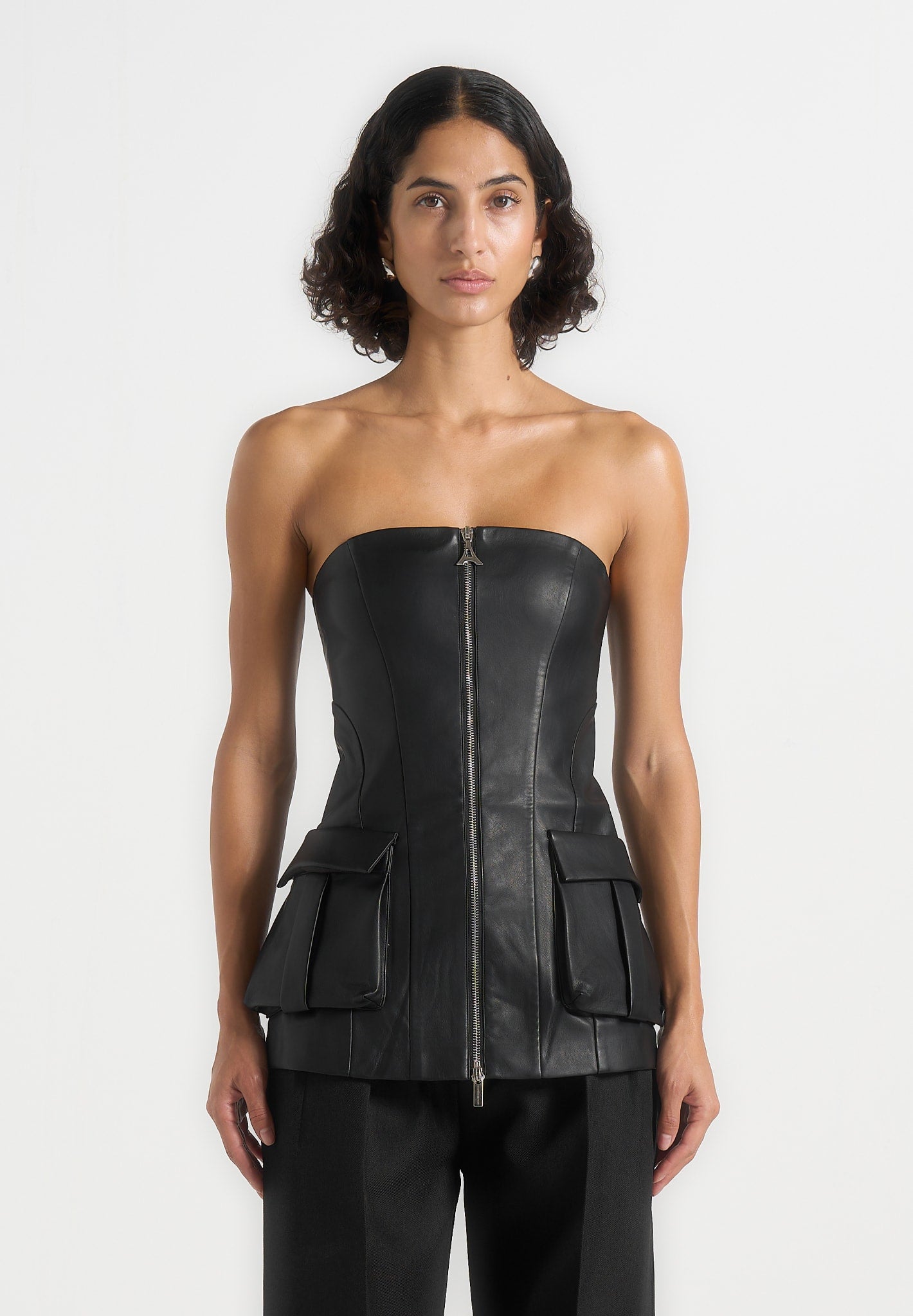 Leather Longline Bandeau Top - Black