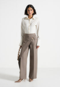 Beryl - Wrap Tailored Trousers With Hardware Detail - Taupe