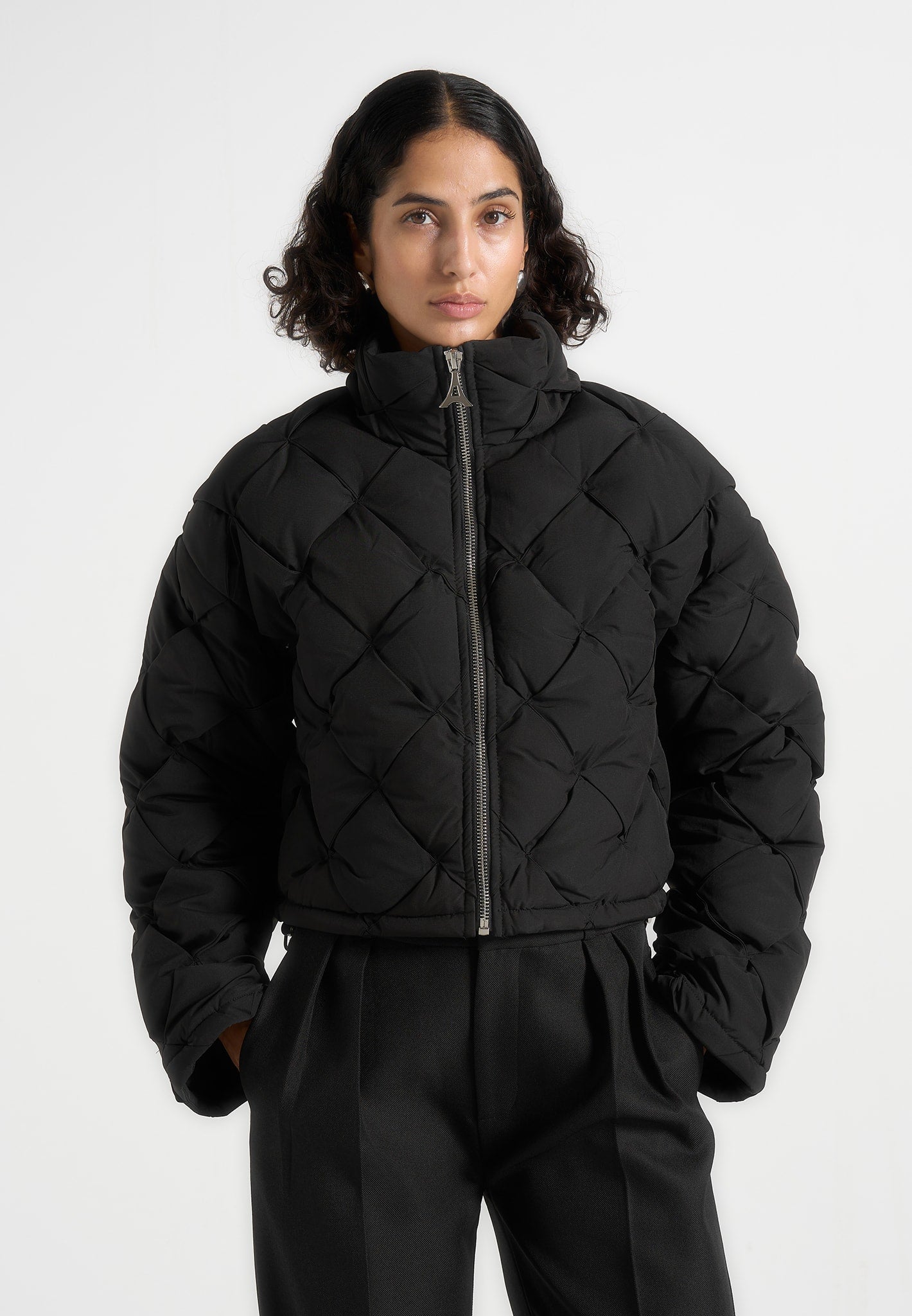 Woven Interlock Puffer Jacket - Black 