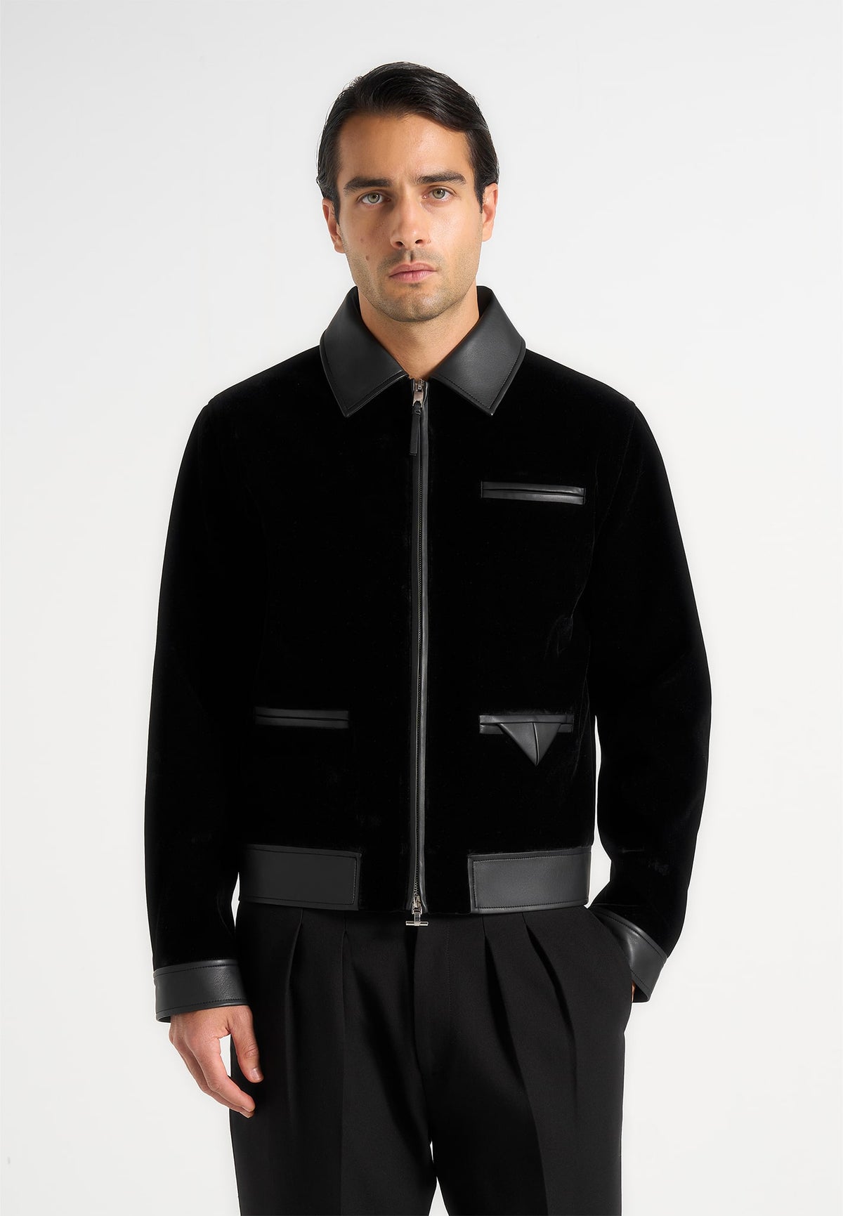 Tony - Velvet & Leather Contrast Jacket - Black