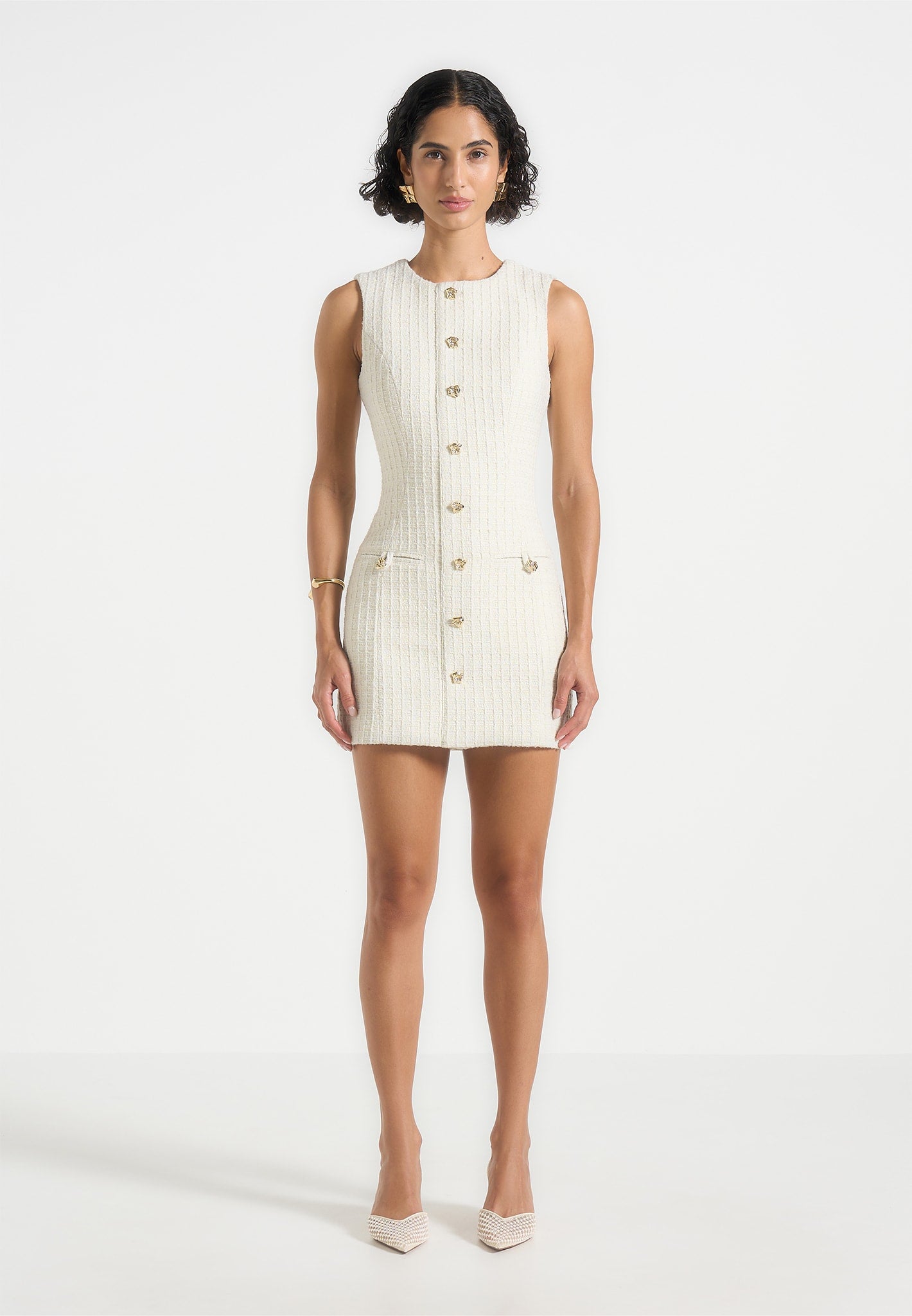 cream tweed dress Karen Millen Textured Tweed Tailored Pocket Front Shorts Sleeve Midi Dress in Cream