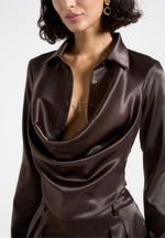Satia - Satin Cowl Shirt with Chain Detail - Brown