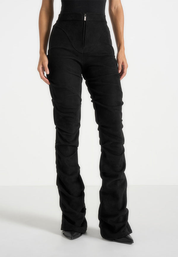 Caroline - Tacked Suede Fit & Flare Trousers - Black