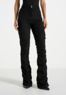 Caroline - Tacked Suede Fit & Flare Trousers - Black